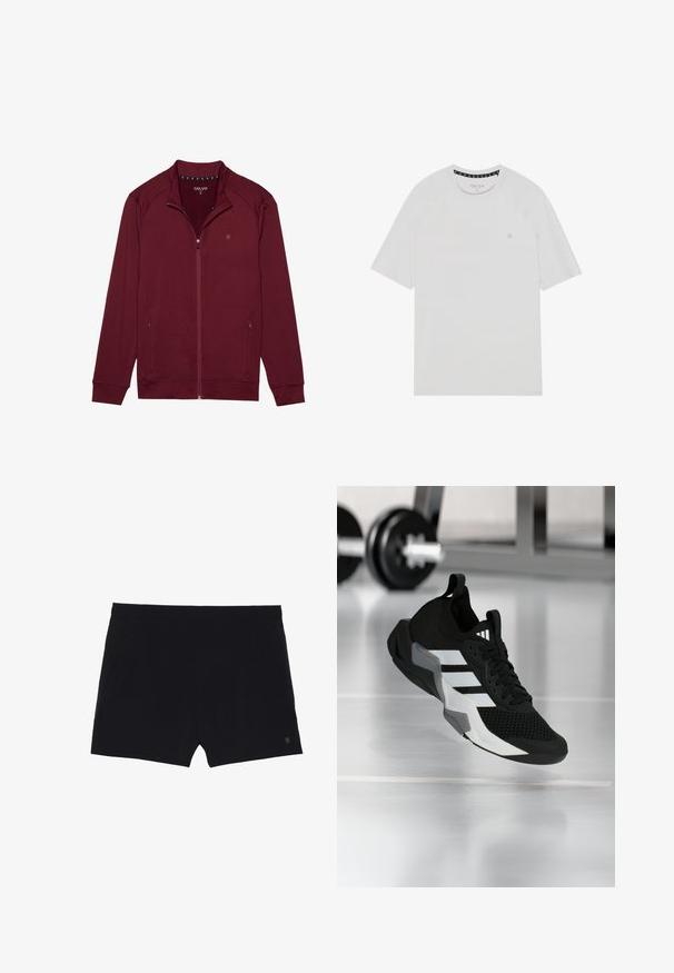 Veste zippée bordeaux à manches longues, en tissu doux et texturé, avec deux poches latérales et un col montant. Présente un petit logo sur la poitrine.; T-shirt blanc à manches courtes avec col rond, présentant des manches raglan, un logo subtil sur la poitrine et des finitions contrastées au niveau du col.; Shorts de sport noirs avec une texture lisse, une taille élastique et deux poches latérales. Présente un petit logo sur le bas à droite.; Chaussure de sport noire avec une tige en mesh, des rayures blanches et des accents gris. Dotée d'un col rembourré et d'une semelle en caoutchouc. Adaptée pour une utilisation en salle de sport.