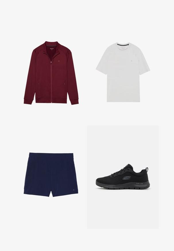Burgunderfarvet zip-jakke med lange ærmer, blødt tekstureret stof, to sidelommer og en opretstående krave. Har et lille logo på brystet.; Hvid kortærmet t-shirt med rund hals, med raglanærmer, et diskret logo på brystet og kontrasterende halskant.; Marineblå svøm shorts lavet af letvægtsstof, med elastisk talje og to sidelommer til opbevaring.; Sort atletisk sko med mesh-overdel, rund tå, snørebåndsdesign og tekstureret sål. Har et logo på siden og en trækstrop ved hælen.