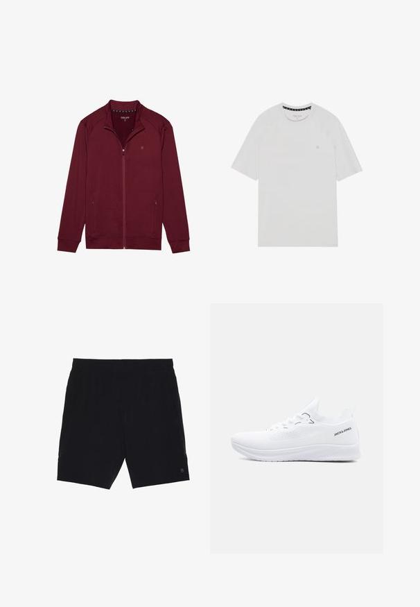 Burgunderfarvet zip-jakke med lange ærmer, blødt tekstureret stof, to sidelommer og en opretstående krave. Har et lille logo på brystet.; Hvid kortærmet t-shirt med rund hals, med raglanærmer, et diskret logo på brystet og kontrasterende halskant.; Sorte shorts lavet af letvægtsstof, med elastisk talje, to sidelommer og et lille logo på nederste højre side.; Hvid strikket lavtop-sneaker med tekstureret sål, snørelukning foran og "JACK & JONES" logo på hælkantens side.
