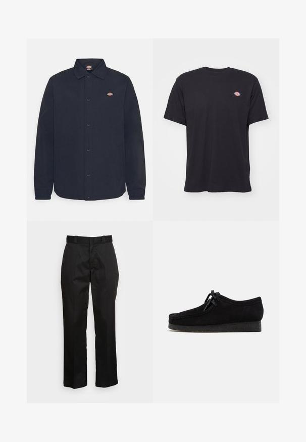 Schwarze Button-Up-Jacke mit spitzem Kragen, mit einem kleinen Logo auf der linken Brust, aus glattem Stoff mit matter Oberfläche.; Schwarzes T-Shirt mit kurzen Ärmeln und Rundhalsausschnitt, mit kleinem buntem Dickies-Logo auf der linken Brust vor einfarbigem Hintergrund.; Schwarze Hose aus einem glatten Stoff, mit einem geraden Bein Design, Gürtelschlaufen und zwei Seiten Taschen. Klassischer Look ohne Verzierungen.; Schwarze Wildlederschuhe mit rundem Zehendesign, einer Schnürfront und einer strukturierten schwarzen Gummisohle. Glattes Obermaterial mit dezenten Nahtdetails.