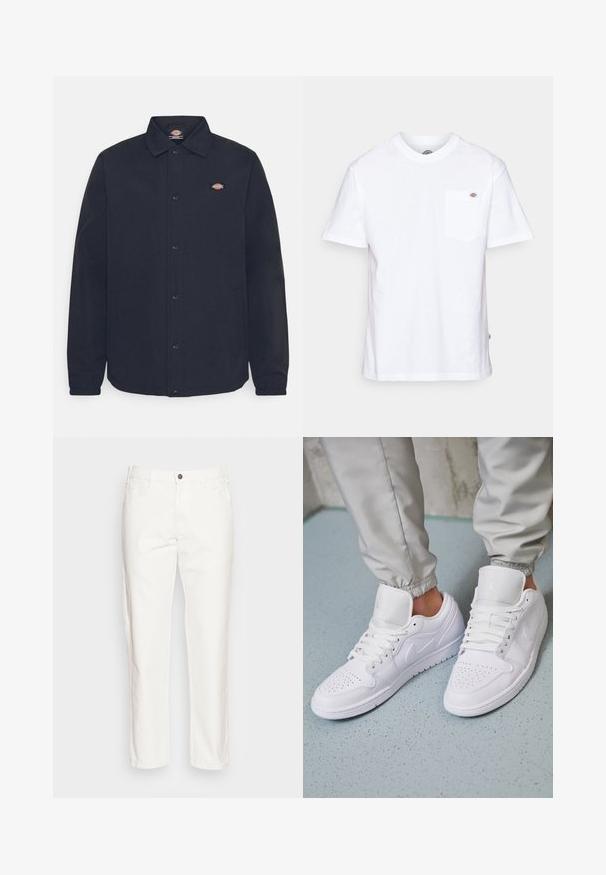 Veste noire à boutons avec un col pointu, dotée d'un petit logo sur la poitrine gauche, confectionnée en tissu lisse avec une finition mate.; T-shirt en coton blanc avec un col rond, des manches courtes et une poche poitrine arborant un petit logo de la marque sur le côté gauche.; Pantalon en coton blanc avec une coupe droite, poches avant, fermeture à bouton unique et une texture douce.; Des baskets en cuir blanc présentent une zone de perforation à l'avant, des lacets plats, un col rembourré et le logo Jordan sur la languette. Portées avec un pantalon de jogging gris.