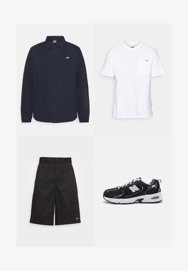 Veste noire à boutons avec un col pointu, dotée d'un petit logo sur la poitrine gauche, confectionnée en tissu lisse avec une finition mate.; T-shirt en coton blanc avec un col rond, des manches courtes et une poche poitrine arborant un petit logo de la marque sur le côté gauche.; Shorts en coton noirs à coupe droite, longueur genou, arborant un logo de marque visible sur l'ourlet et une texture lisse.; Baskets de sport noires et grises avec un tige en mesh et en suède, présentant une semelle intermédiaire blanche, des lacets et un logo "N" audacieux sur le côté.