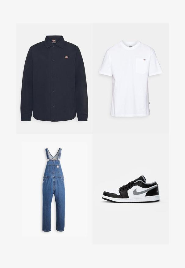 Zwarte button-up jas met een puntige kraag, met een klein logo op de linkerborst, gemaakt van gladde stof met een matte afwerking.; Witte katoenen t-shirt met een ronde hals, korte mouwen en een borstzak met een klein merklogo aan de linkerkant.; Denim tuinbroek in medium blauw, met verstelbare schouderbanden, een borstzak en metalen hardware. Het heeft een relaxte pasvorm en een recht model.; Jordan AIR JORDAN 1 - Sneakers laag - black/particle grey-white