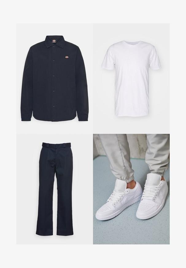 Veste noire à boutons avec un col pointu, dotée d'un petit logo sur la poitrine gauche, confectionnée en tissu lisse avec une finition mate.; Selected SLHASPEN SLUB TEE - T-shirt basique - bright white; Pantalons bleu marine avec une coupe droite, fabriqués dans un tissu lisse, dotés d'une taille standard et sans motifs ni éléments visibles.; Des baskets en cuir blanc présentent une zone de perforation à l'avant, des lacets plats, un col rembourré et le logo Jordan sur la languette. Portées avec un pantalon de jogging gris.