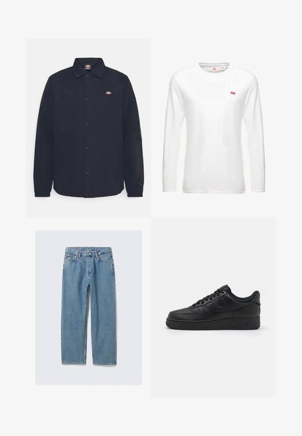 Zwarte button-up jas met een puntige kraag, met een klein logo op de linkerborst, gemaakt van gladde stof met een matte afwerking.; Witte lange mouwen t-shirt van katoen, met een ronde halslijn en een klein rood Levi's logo op de borst. Eenvoudig, klassiek ontwerp.; Lichtblauwe rechte spijkerbroek met voorzakken, riemlussen en een knoopsluiting op een effen achtergrond.; Nike Sportswear AIR FORCE 1 07 FLYEASE - Sneakers laag - black