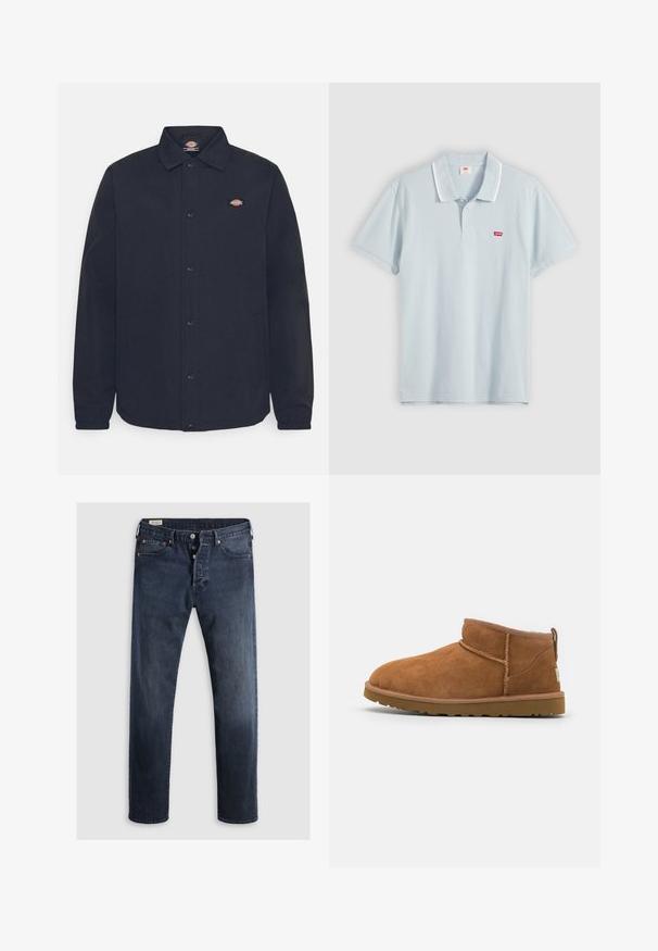 Schwarze Button-Up-Jacke mit spitzem Kragen, mit einem kleinen Logo auf der linken Brust, aus glattem Stoff mit matter Oberfläche.; Hellblaues kurzärmliges Polo mit weißen Doppelstreifen am Kragen und kleinem rotem Levi's-Logo auf der Brust, flach liegend dargestellt.; Dunkelblaue Denim-Jeans mit geradem Bein, ausgestattet mit einem Reißverschluss, Metallknöpfen und Kupfernieten. Glatte Textur, keine sichtbaren Muster.; Hellbraune Wildleder-Stiefelette mit runder Zehenform, dezenten Nähdetails und einer strukturierten Gummisohle. Kurze Höhe ohne Schnürsenkel.
