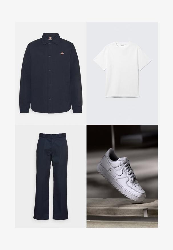 Black button-up jacket with a pointed collar, featuring a small logo on the left chest, made from smooth fabric with a matte finish.; White short-sleeve crewneck T-shirt laid flat, plain design, with "WEEKDAY" label inside the collar on a light background.; Navy blue trousers with a straight leg design, made from a smooth fabric, featuring a standard waistband and no visible patterns or hardware.; White leather Nike Air Force 1 sneaker features a perforated toe, flat laces, and textured rubber sole with “AIR” branding on the side.