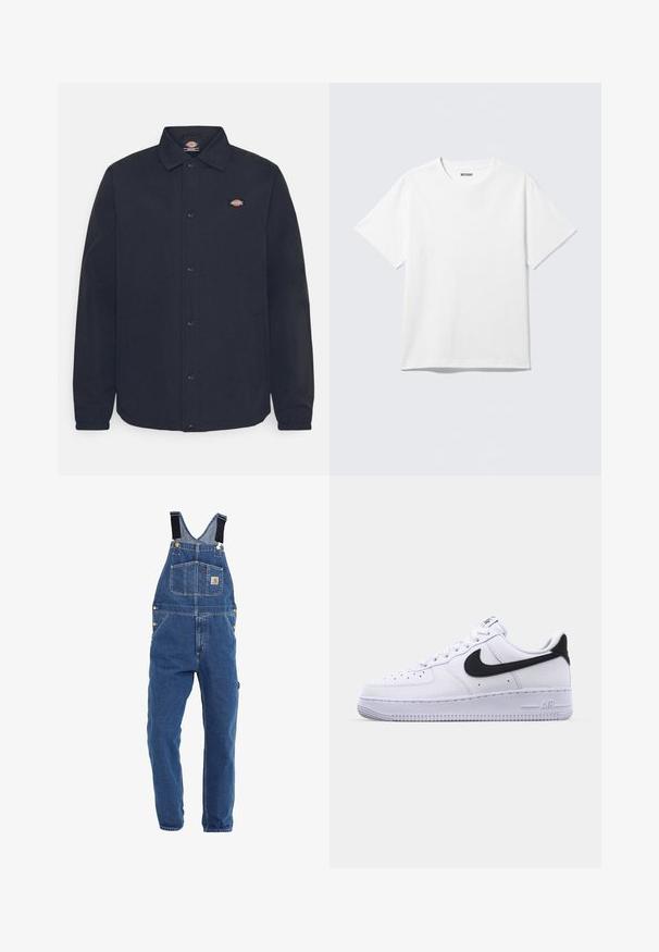 Sort skjortejakke med spidse kraver, der har et lille logo på venstre bryst, lavet af glat stof med mat finish.; Hvid kortærmet crewneck T-shirt lagt fladt ud, ensfarvet design, med "WEEKDAY" mærkat inde i kraven på en lys baggrund.; Denim overalls i en mellemblå tone, med justerbare sorte stropper, flere lommer og metalhardware detaljer.; Hvide lædersneakers med en struktureret sort Swoosh, flade snørebånd og en gummisål med et rillemønster. "AIR" er præget på hælen.