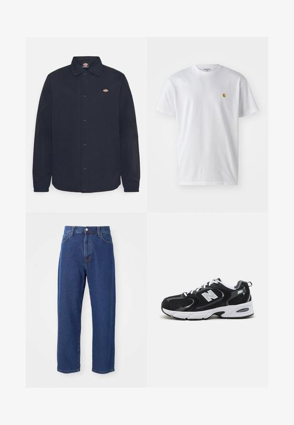 Chaqueta negra de botones con cuello puntiagudo, que presenta un pequeño logo en el lado izquierdo del pecho, hecha de una tela suave con acabado mate.; Camiseta de algodón blanca con mangas cortas, cuello redondo, que presenta un pequeño logo dorado en la parte izquierda del pecho. Textura suave y corte regular.; Vaqueros de tiro alto de algodón, con una silueta de pierna recta, costuras visibles y un cierre de botón en la parte delantera.; Zapatillas deportivas en negro y gris con parte superior de malla y ante, que cuentan con una entresuela blanca, cordones y un llamativo logo "N" en el lateral.