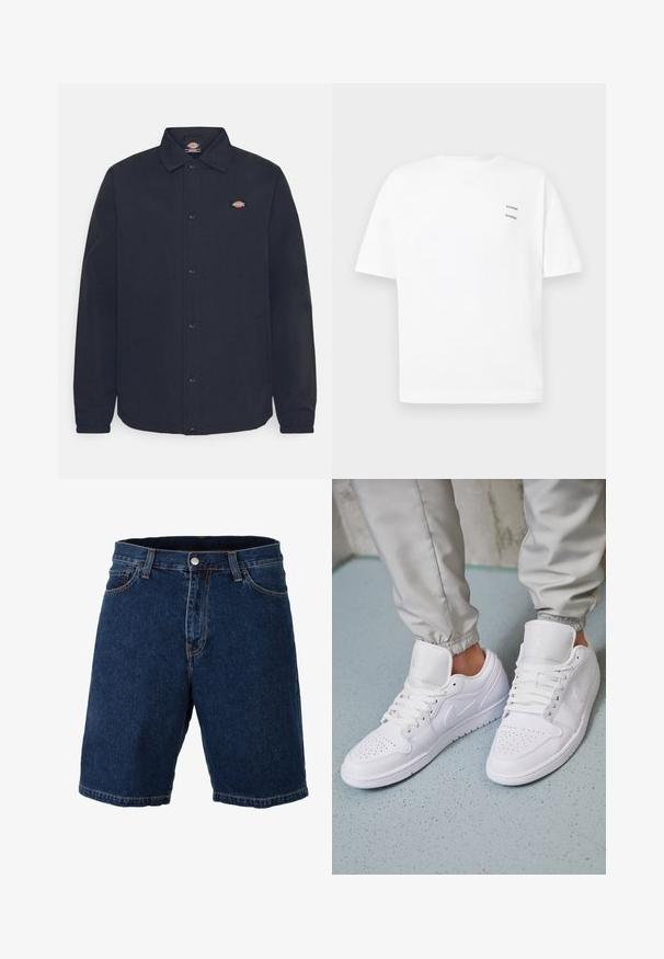 Sort skjortejakke med spidse kraver, der har et lille logo på venstre bryst, lavet af glat stof med mat finish.; Hvid bomulds t-shirt med en afslappet pasform, korte ærmer og V-udskæring. Har to små sorte trykte logoer på venstre side.; Mørkeblå denimshorts med lige snit, almindelig talje og metalknaplukning; har kontrasterende gul syning og kant.; Hvide lædersneakers har en perforeret tåboks, flade snørebånd, polstret krave og Jordan-logoet på tungen. Båret med grå joggers.