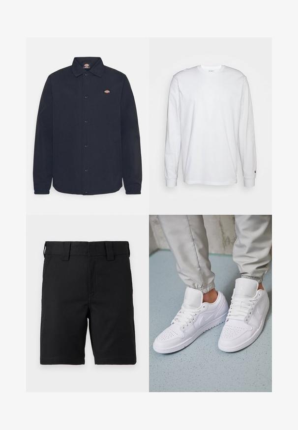 Veste noire à boutons avec un col pointu, dotée d'un petit logo sur la poitrine gauche, confectionnée en tissu lisse avec une finition mate.; T-shirt blanc à manches longues en coton. Design à col rond avec des poignets côtelés et un petit logo sur la manche gauche. Texture lisse.; Shorts noirs mi-genoux avec passants de ceinture et poches avant, fabriqués en tissu robuste, présentés sur fond blanc.; Des baskets en cuir blanc présentent une zone de perforation à l'avant, des lacets plats, un col rembourré et le logo Jordan sur la languette. Portées avec un pantalon de jogging gris.