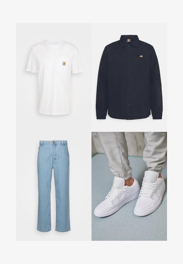 Sort skjortejakke med spidse kraver, der har et lille logo på venstre bryst, lavet af glat stof med mat finish.; Hvid bomulds T-shirt med korte ærmer, en brystlomme, og et lille firkantet logo patch i orange og hvid på lommen.; Lysblå denim jeans med lige ben design, der har knaplukning, bæltestropper og to forlommer.; Hvide lædersneakers har en perforeret tåboks, flade snørebånd, polstret krave og Jordan-logoet på tungen. Båret med grå joggers.