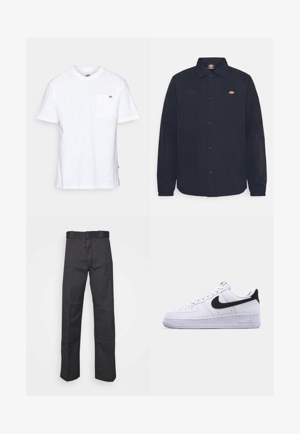 Schwarze Button-Up-Jacke mit spitzem Kragen, mit einem kleinen Logo auf der linken Brust, aus glattem Stoff mit matter Oberfläche.; Weißes Baumwoll-T-Shirt mit Rundhalsausschnitt, kurzen Ärmeln und einer Brusttasche, die auf der linken Seite ein kleines Markenlogo aufweist.; Schwarze Hose aus strapazierfähigem Material, mit geradem Bein, einem Bund mit Gürtelschlaufen und Nähten für zusätzlichen Textur.; Weißes Leder-Sneaker mit einem strukturierten schwarzen Swoosh, flachen Schnürsenkeln und einer Gummisohle mit genoppetem Muster. "AIR" ist auf der Ferse eingeprägt.