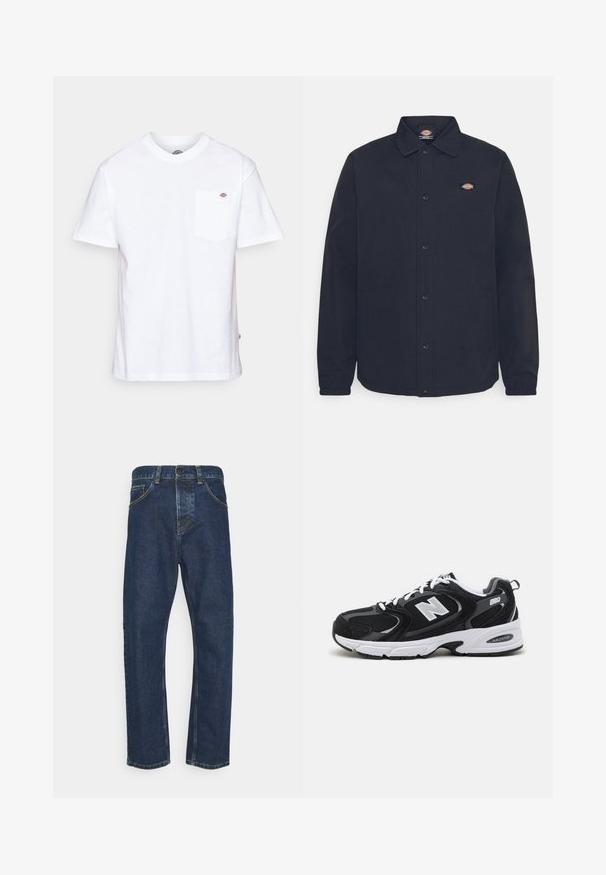 Veste noire à boutons avec un col pointu, dotée d'un petit logo sur la poitrine gauche, confectionnée en tissu lisse avec une finition mate.; T-shirt en coton blanc avec un col rond, des manches courtes et une poche poitrine arborant un petit logo de la marque sur le côté gauche.; Jean droit bleu foncé avec bouton devant, fermeture éclair et poches, présenté sur fond blanc.; Baskets de sport noires et grises avec un tige en mesh et en suède, présentant une semelle intermédiaire blanche, des lacets et un logo "N" audacieux sur le côté.