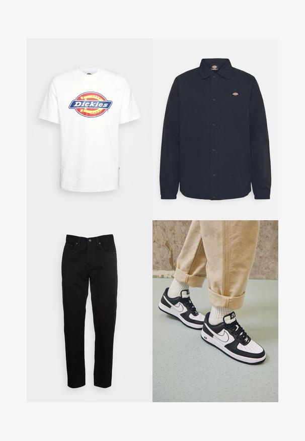 Sort skjortejakke med spidse kraver, der har et lille logo på venstre bryst, lavet af glat stof med mat finish.; Hvid bomulds t-shirt med et blåt og rødt cirkulært "Dickies" logo i midten. Korte ærmer og rund hals design.; Sorte slim-fit jeans med frontknaplukning og fem-lomme design, vist mod en enkel lys grå baggrund.; Sorte og hvide Nike Air Force 1 sneakers med læderoverdel, perforeret tå og tekstureret såldetalje, båret med rullede beige bukser og hvide sokker.