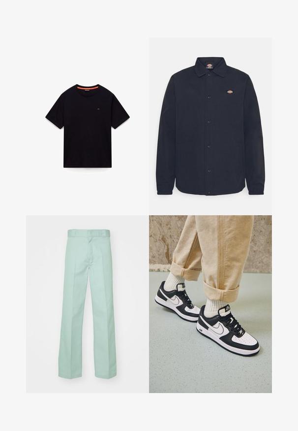 Sort skjortejakke med spidse kraver, der har et lille logo på venstre bryst, lavet af glat stof med mat finish.; Sort kortærmet T-shirt med rund hals, lille logo på brystet og orange detalje i den indvendige krave, lagt fladt på en hvid baggrund.; Lysegrønne bukser lavet af bomuld med lige ben-design, der har en glat overflade og standard talje med bæltesløjfer.; Sorte og hvide Nike Air Force 1 sneakers med læderoverdel, perforeret tå og tekstureret såldetalje, båret med rullede beige bukser og hvide sokker.