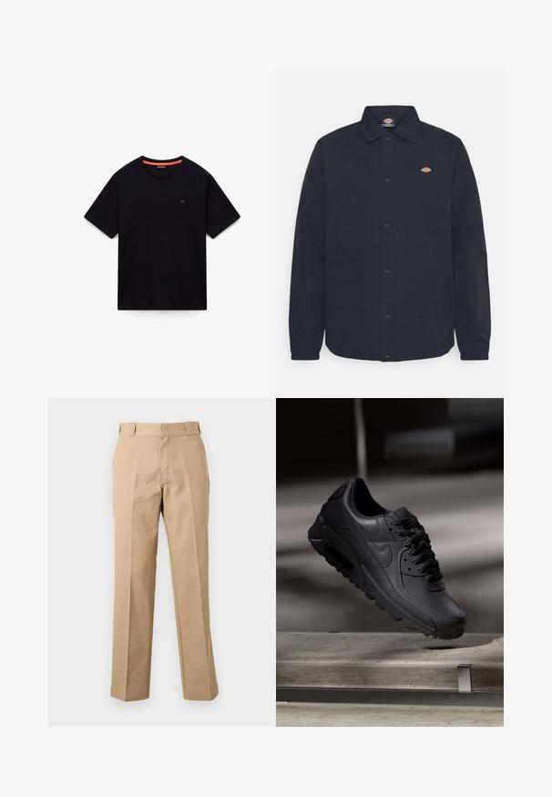 Sort skjortejakke med spidse kraver, der har et lille logo på venstre bryst, lavet af glat stof med mat finish.; Sort kortærmet T-shirt med rund hals, lille logo på brystet og orange detalje i den indvendige krave, lagt fladt på en hvid baggrund.; Beige bukser med lige ben, bæltestropper, foran lynlås og pressede slidser, vist mod en hvid baggrund.; Sorte Nike Air Max-sneakers med en struktureret læderoverdel, gummisål og fremtrædende snøresystem, der viser et slankt, moderne design.