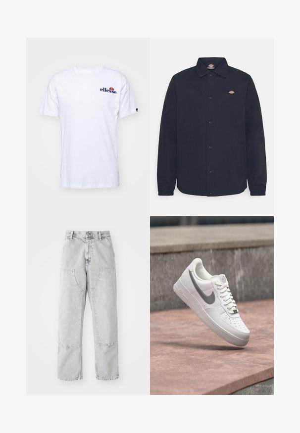 Zwarte button-up jas met een puntige kraag, met een klein logo op de linkerborst, gemaakt van gladde stof met een matte afwerking.; Witte katoenen T-shirt met korte mouwen, voorzien van een marineblauw geborduurd logo op de linkerborst en een levendige kleurenaccent boven het logo.; Lichtgrijze denim broeken met een losse pasvorm, voorzien van grote zijzakken, zichtbare stiksels en een rechte pijpdesign. Lussen voor een riem bij de taille.; Witte Nike Air Force 1 sneaker met grijs swoosh-logo zwevend boven een stenen oppervlak en een grijze stenen muur op de achtergrond.