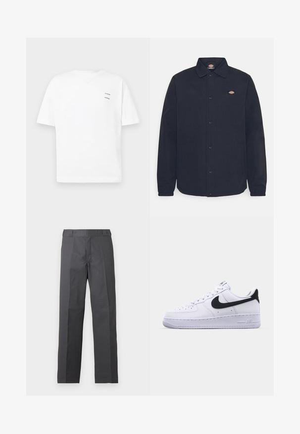 Veste noire à boutons avec un col pointu, dotée d'un petit logo sur la poitrine gauche, confectionnée en tissu lisse avec une finition mate.; T-shirt blanc en coton avec une coupe décontractée, des manches courtes et un col en V. Présente deux petits logos noirs imprimés sur le côté gauche.; Pantalon gris foncé à jambes droites avec un devant plat et sans poches visibles, présenté sur un fond blanc uni.; Sneaker en cuir blanc avec un Swoosh noir texturé, des lacets plats et une semelle en caoutchouc avec un motif strié. "AIR" est embossé sur le talon.
