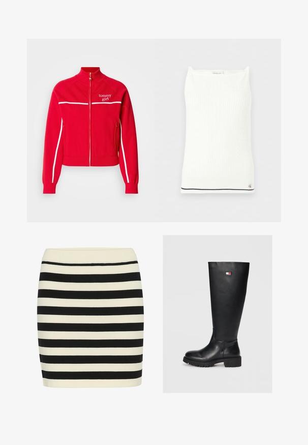 Rød zip-up jakke lavet af blødt stof. Har hvide striber langs skuldrene og sidesømmene, med "tommy girl" logoet på brystet. Stående krave.; Hvid strikket ærmeløs top med subtilt kabelmønster, firkantet halsudskæring, sort kant ved nederste kant og lille Calvin Klein-logo nær bunden.; Sort og creme stribet strikskørt, tætsiddende pasform, med ribbet talje. Vandre striber skifter bredde for visuel tekstur.; Sorte knæhøje støvler lavet af glat læder med en tekstureret gummisål, der har en lille logo-patch i rød, hvid og blå.