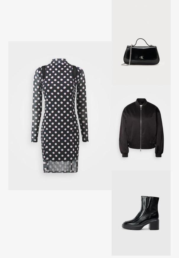 Calvin Klein Jeans Bomberjakke - black; Langærmet sort kjole med hvide og røde prikkede mønstre, høj krave, udskårne skuldre og en let gennemsigtig tekstur.; Sorte patenterede læderankelstøvler med en buet tå, elastiske sidepaneler og en kraftig blokhæl. Har et præget logo på bagsiden.; Sort læderhåndtaske med en kædestrop, struktureret form og et sølvlogo. Glat overflade med flaplukning.