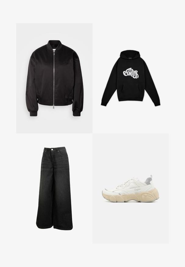 Calvin Klein Jeans Bombera - black; Pegador PALUMA OVERSIZED HOODIE - Mikina - black; Čierne široké rifľové nohavice s vysokým pásom, predným gombíkom, vreckami a subtilným logom na prednom vrecku.; Biele tenisky s vrchom z mäkkej kože a sieťoviny, s polstrovaným golierom, textúrovanou gumovou podrážkou a jemnými metalickými akcentmi.