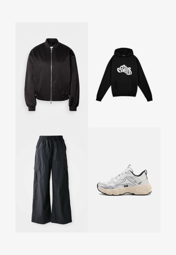 Calvin Klein Jeans Blouson Bomber - black; Pegador PALUMA OVERSIZED HOODIE - Sweatshirt - black; Pantalons cargo noirs en tissu léger, avec une coupe large, une taille élastique et plusieurs poches latérales. Simples et fonctionnels.; Baskets blanches avec des panneaux en maille et en synthétique, accents argentés, semelle crémeuse épaisse et détails noirs contrastants. Possède un système de laçage.