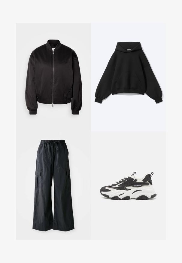Calvin Klein Jeans Blouson Bomber - black; Sweat à capuche noir avec manches longues bouffantes, poche kangourou et une étiquette à l'intérieur de l'encolure sur un fond clair uni.; Pantalons cargo noirs en tissu léger, avec une coupe large, une taille élastique et plusieurs poches latérales. Simples et fonctionnels.; Steve Madden POSSESSION - Baskets basses - black/white