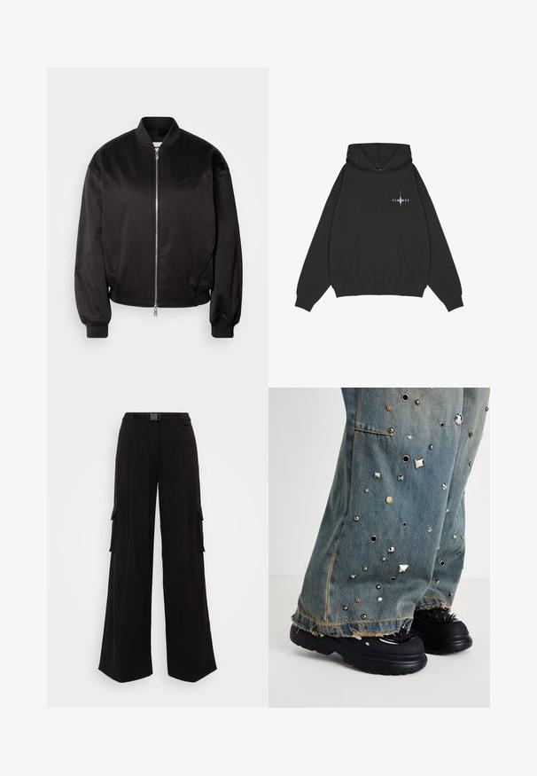 Calvin Klein Jeans Bombera - black; Pegador Mikina s kapucňou - washed black; Čierne cargo nohavice s širokými nohavicami, bočnými vreckami, textúrovanou tkaninou, priliehajúcim pásom a opaskom na prispôsobenie veľkosti. Čistý, moderný dizajn.; Džínsy s rozšírenými nohavicami, s kovovými hrotmi a očkami. Roztrhnutý lem a viditeľné vrecká. Nosené s robustnými čiernymi topánkami so hrotmi.