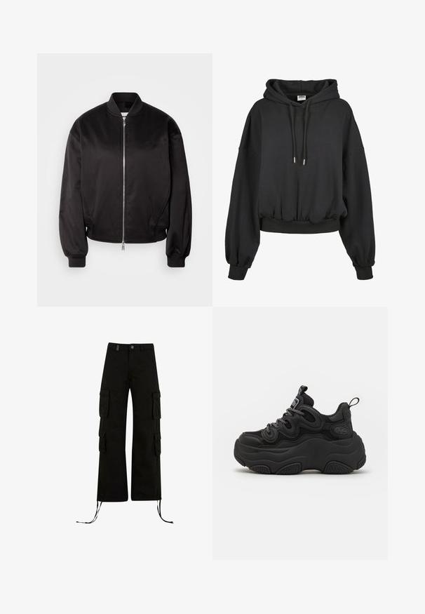 Calvin Klein Jeans Bomberjacks - black; Zwarte hoodie met een trekkoordcapuchon, losse pasvorm, brede mouwen en geribde zoom. Gemaakt van zachte stof met een gladde textuur.; Zwarte cargobroek met een relaxte pasvorm, met cargozakken aan de zijkanten, koordjes aan de onderkant en een knoopsluiting in de taille.; Zwarte sneaker met een chunky ontwerp, voorzien van een gestructureerde bovenkant, mesh panelen en een dikke rubberen zool. Reflecterende veters en merkdetails zijn zichtbaar.