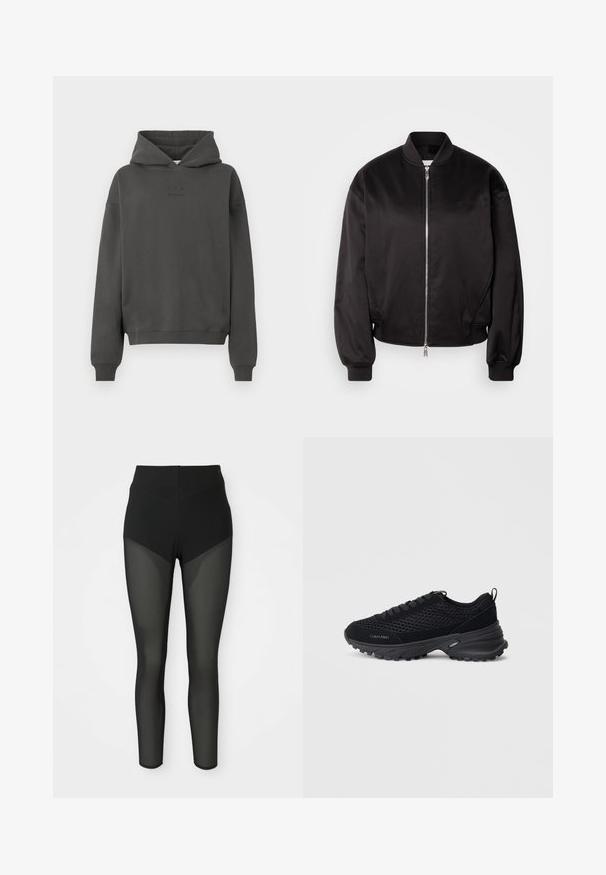 Calvin Klein Jeans Bomberjakke - black; Mørkegrå hoodie lavet af blødt materiale, med snøre i hætten, ribbekantede manchetter og et diskret logo trykt på fronten.; Sorte højtaljede leggings med semi-gennemsigtige meshpaneler på forlårene og underbenene, sømløst design, tætsiddende silhuet.; Sorte atletiske sko med mesh-overdel, suedette detaljer, snørelukning og en tekstureret chunky sål for trækkraft. "Calvin Klein" logoet er synligt.