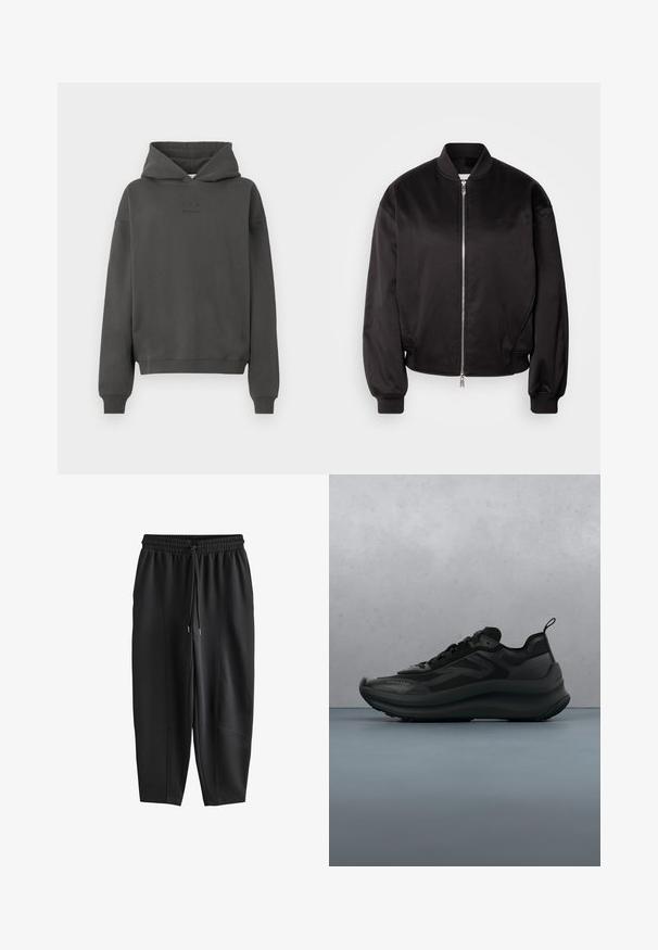 Calvin Klein Jeans Bomberjacks - black; Donkergrijze hoodie van zacht materiaal, met een trekkoord in de capuchon, geribde mouwen en een discreet logo op de voorkant gedrukt.; Zwarte taps toelopende joggingbroek met elastische tailleband en trekkoord, met naaddetails aan de voorkant en een losse pasvorm.; Zwarte Calvin Klein sneaker met dikke zool die zweeft boven houten tegels buiten, met groen gebladerte en een grijze muur op de achtergrond.