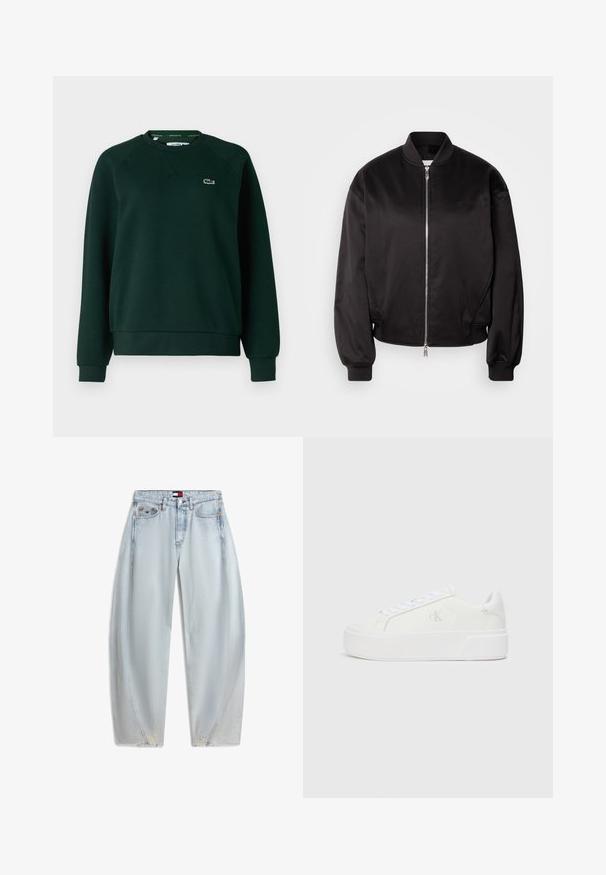 Calvin Klein Jeans Bomberjakke - black; Lacoste Sweatshirt - sinople; Lyseblå højtaljede denimjeans med vide ben, forlommer, små revner ved sømmen og et Tommy Hilfiger-logo på taljebåndet og lommen.; Hvide platform sneakers med en glat læderoverdel, rund tå, hvide snørebånd og diskret logo-detalje på siden. Flad gummisål.