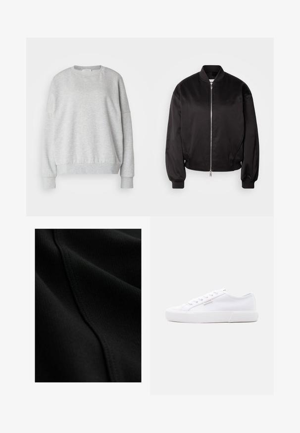 Calvin Klein Jeans Bombera - black; Svetlošedý mikina vyrobená z jemnej látky, s okrúhlym výstrihom, spustenými plecami a ribbovanými manžetami a lemom pre uvoľnený strih.; Čierna tkanina s rebrovanou textúrou, ktorá obsahuje jemné švy a hladké, voľne sa vlnivé záhyby. Tenký a ľahký materiál.; Biela nízka teniska s platformovou podrážkou, šnurovaním vpredu a malou značkou Calvin Klein na boku.