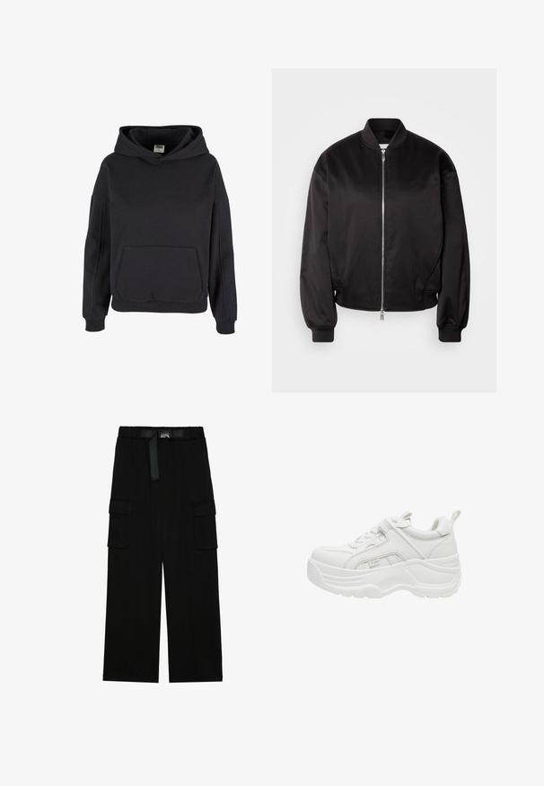 Calvin Klein Jeans Blouson Bomber - black; Sweat à capuche noir style pullover avec poche kangourou, poignets côtelés et coupe décontractée.; Pantalons cargo noirs avec une coupe large, taille élastique avec une ceinture, et deux grandes poches latérales pour le rangement.; Baskets blanches épaisses avec semelle épaisse, laçage sur l'avant, col matelassé et languette à l'arrière.
