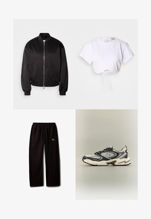 Calvin Klein Jeans Bomberjacks - black; Witte cropped t-shirt gemaakt van gladde stof. Heeft een ronde halslijn, korte mouwen en een trekkoord onderaan voor aanpassing.; Zwarte wijde broek met elastische tailleband en zijzakken, met een klein Calvin Klein logo-patch op de rechterdij.; Zwarte en beige mesh sneakers hebben een gewatteerde kraag, een gestructureerd bovenwerk en een opvallend logo aan de zijkant. Slanke vormgeving met een gebogen zool.