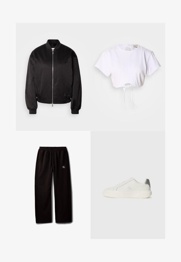 Calvin Klein Jeans Bomber-jakk - black; Valge lühikesed varrukad ja ümar kaelus, lühikese lõikega t-särk, mis on valmistatud siledast kangast. Altpoolt on reguleeritav nöör. ; Mustad laiade säärega püksid elastse vöökohaga ja küljetaskutega, millel on väike Calvin Kleini logoga plaastriga paremal reiel.; Valged nahast tenniseketsad sujuva tekstuuriga, hõbedase aktsendiga kandadel, lame tallaga ja minimalistliku disainiga.