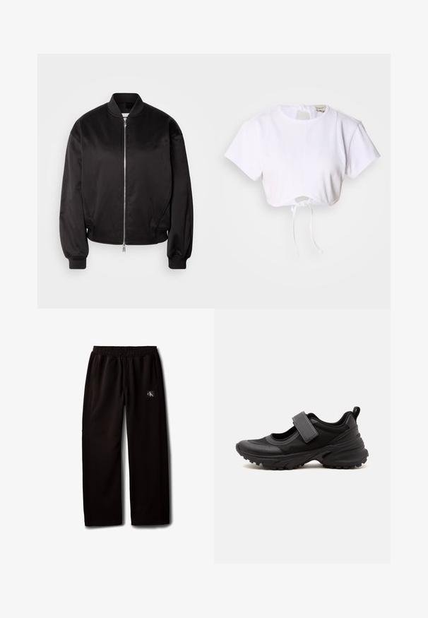 Calvin Klein Jeans Bomberjakke - black; Hvid cropped t-shirt lavet af glat stof. Den har en rund halsudskæring, korte ærmer og en justerbar snoretræk i bunden.; Sorte vidde bukser med elastisk taljebånd og sidelommer, med en lille Calvin Klein-logo patch på højre lår.; Sort atletisk Mary Jane-stil sko med tyk sål med mønster, justerbar rem over toppen og en trækflig ved hælen.