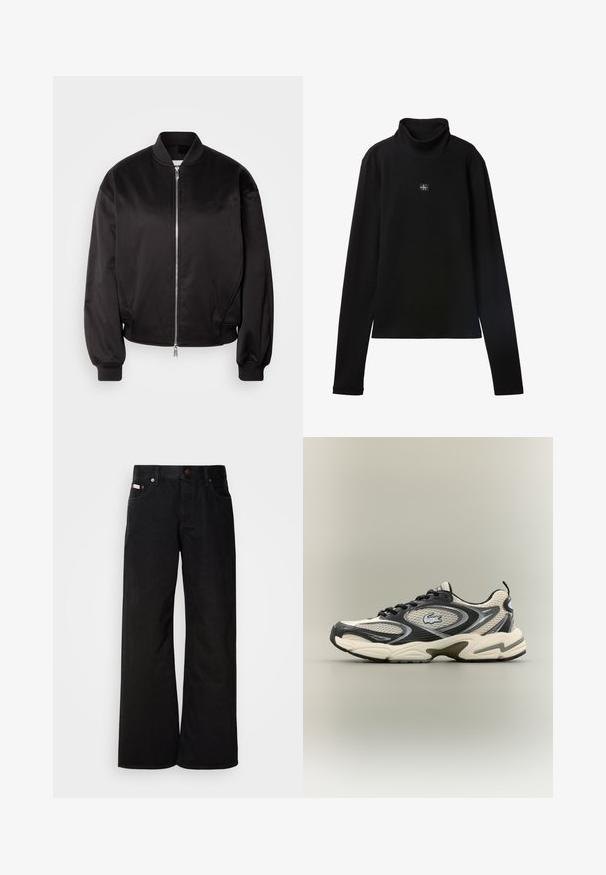 Calvin Klein Jeans Bomberjacks - black; Zwarte geribde coltrui met lange mouwen en een klein vierkant Calvin Klein-logo midden op de borst.; Zwarte wijde spijkerbroek van katoen. Voorzien van zijzakken, een knoopsluiting en een klassieke denimtextuur. Minimalistisch ontwerp zonder patronen.; Zwarte en beige mesh sneakers hebben een gewatteerde kraag, een gestructureerd bovenwerk en een opvallend logo aan de zijkant. Slanke vormgeving met een gebogen zool.