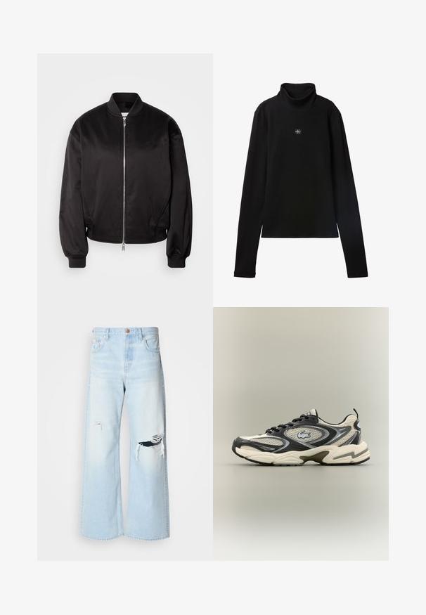 Calvin Klein Jeans Μπουφάν τύπου bomber - black; Μαύρο ριμπ (ribbed) τοπ με μακριά μανίκια και μικρό τετράγωνο πατς με το λογότυπο Calvin Klein στο κέντρο του στήθους.; Ανοιχτού μπλε ψηλόμεσα τζιν παντελόνια με φαρδιά γραμμή, φτιαγμένα από τζιν, με μεγάλες τρύπες στα γόνατα και κλασικό σχέδιο πέντε τσεπών με χάλκινα εξαρτήματα.; Μαύρα και μπεζ μπασκετικά παπούτσια από δίχτυ διαθέτουν επενδεδυμένο κολάρο, υφή στην επάνω πλευρά και έντονο λογότυπο στο πλάι. Κομψός σχεδιασμός με καμπυλωτή σόλα.