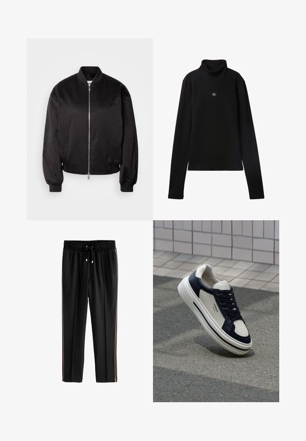 Calvin Klein Jeans Bomberjakke - black; Sort ribstrikket bluse med lange ærmer og lille firkantet Calvin Klein-logo placeret centralt på brystet.; Next PETITE - Træningsbukser - black; Hvide og marineblå lædersneakers med perforeret tå, snørebånd og en struktureret gummisål, som har branding på siden.