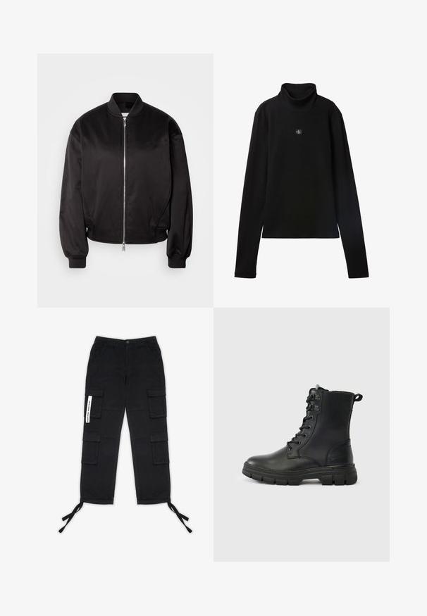 Calvin Klein Jeans Μπουφάν τύπου bomber - black; Μαύρο ριμπ (ribbed) τοπ με μακριά μανίκια και μικρό τετράγωνο πατς με το λογότυπο Calvin Klein στο κέντρο του στήθους.; Pegador TANAMI WIDE PANTS - Παντελόνι cargo - black; Μαύρα δερμάτινα μποτάκια με κορδόνια, στρογγυλή μύτη, ανθεκτική ελαστική σόλα και λουρί στο πίσω μέρος. Διαθέτουν μεταλλικά κρικάκια και ραφές ως διακοσμητικά στοιχεία.