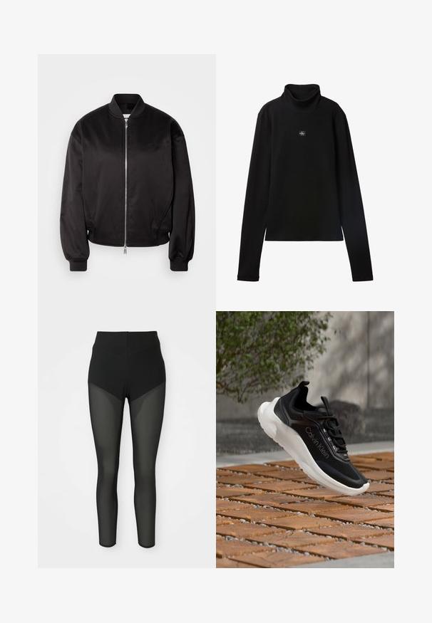 Calvin Klein Jeans Bomber-jakk - black; Mustast lahtise soonikuga kaelusega top pikkade varrukatega, mille rinnal on väike ruudukujuline Calvin Kleini logo.; Mustad kõrge vöökohaga leggingsid, millel on eesreie ja alumiste jalgade piirkonnas poolläbipaistvad võrgusilmast paneelid, sujuv disain, kinnitatud siluett.; Must Calvin Kleini toss valge tallaga, mis hõljub puidust ja kivikestega kaetud õuealusel põrandal põõsaste ja kivimüüri lähedal.