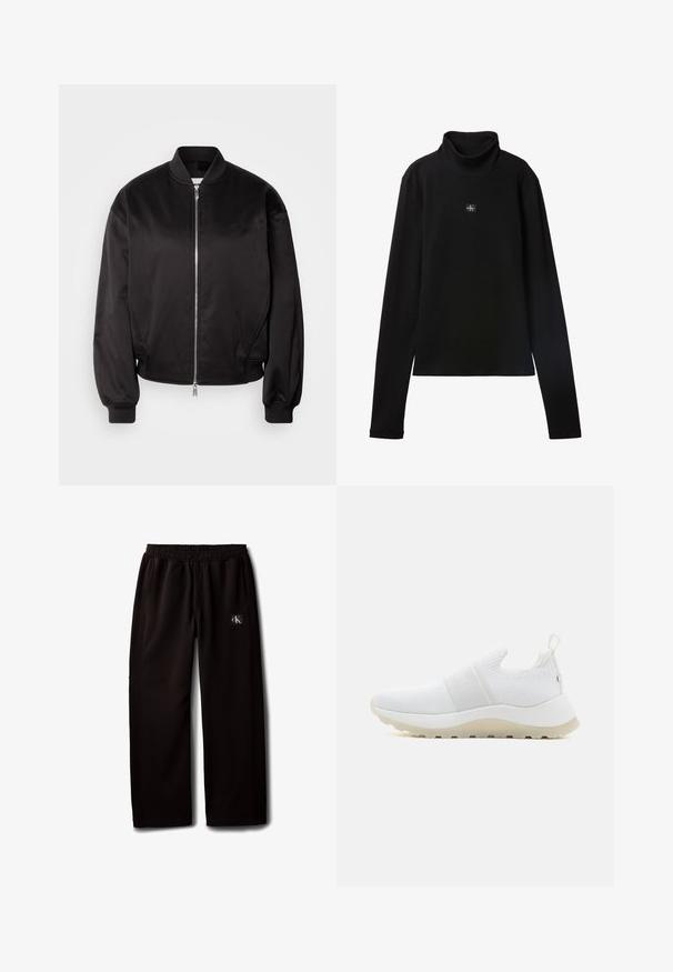 Calvin Klein Jeans Bomber-jakk - black; Mustast lahtise soonikuga kaelusega top pikkade varrukatega, mille rinnal on väike ruudukujuline Calvin Kleini logo.; Mustad laiade säärega püksid elastse vöökohaga ja küljetaskutega, millel on väike Calvin Kleini logoga plaastriga paremal reiel.; Calvin Klein RUNNER SLIP ON - Tossud - white