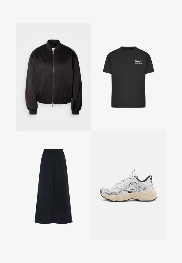 Calvin Klein Jeans Bombera - black; Čierne bavlnené tričko s okrúhlym výstrihom. Na ľavej strane hrudníka sú biele nápisy vrátane japonských znakov a textu "Slurp Away."; Čierne široké nohavice s elastickým pásom a nastaviteľnou šnúrkou. Vyrobené z ľahkej tkaniny s hladkou textúrou. Bez viditeľných vzorov.; Biele športové topánky s priehľadnou a syntetickou panelovou konštrukciou, strieborné akcenty, masívna krémová podrážka a kontrastné čierne detaily. Obsahuje systém šnurovania.