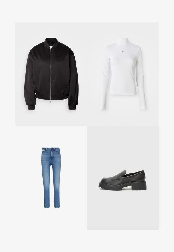 Calvin Klein Jeans Bombera - black; Dlhý rukáv, biely rolák vyrobený z ryhľovanej látky. Obsahuje malé vyšívané logo v strede. Priliehavý strih bez vzorov.; Úzke rifle z modrého džínsového materiálu strednej farby. Majú vysoký pás, päť vreciek a kontrastné prešívanie po celom obvode.; Čierne kožené mokasíny s okrúhlou špičkou, hrubou textúrovanou podrážkou a minimom stehovej výzdoby. Štíhly dizajn bez viditeľných šnúr alebo kovania.