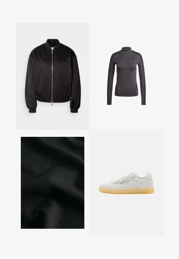 Calvin Klein Jeans Blouson Bomber - black; Haut gris à manches longues avec un col montant, en tissu texturé avec des bandes noires d'accent sur les épaules, arborant un logo Adidas sur la poitrine.; Tissu en coton noir avec une texture lisse, présentant de légers ondulations et des motifs en maille subtils. Le matériau offre un tombé doux et flexible.; Basket blanche en cuir avec des accents perforés, bout rond et semelle en caoutchouc crème. Présente des coutures ton sur ton et un design minimaliste.