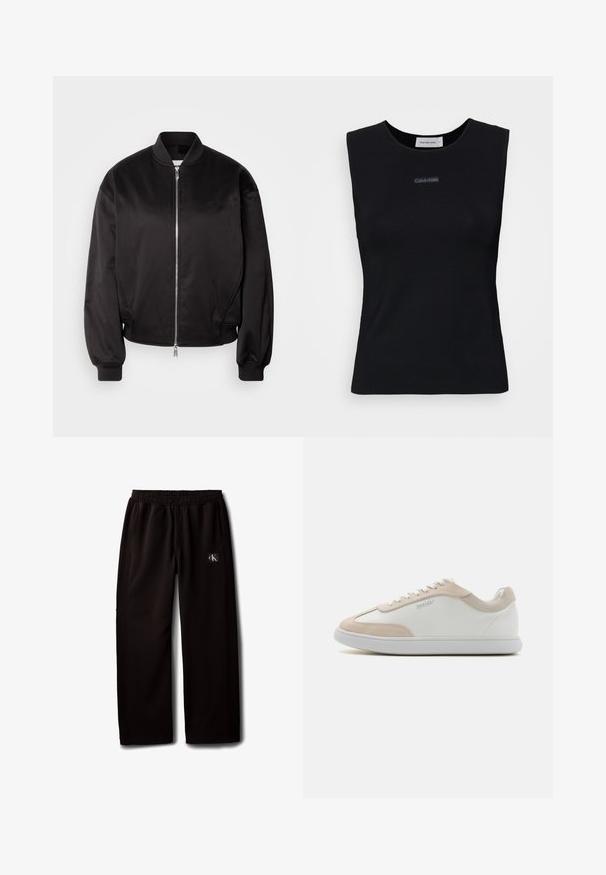 Calvin Klein Jeans Bombera - black; Čierny bezrukávový top vyrobený z hladkej látky. Má okrúhly výstrih a malé logo Calvin Klein na strede. Jednoduchý a priliehavý dizajn.; Čierne široké nohavice s elastickým pásom a bočnými vreckami, s malou nášivkou s logom Calvin Klein na pravom stehne.; Biele kožené tenisky s béžovými semišovými akcentmi a bielymi šnúrkami. Majú okrúhlu špičku a mäkkú podrážku pre pohodlie.