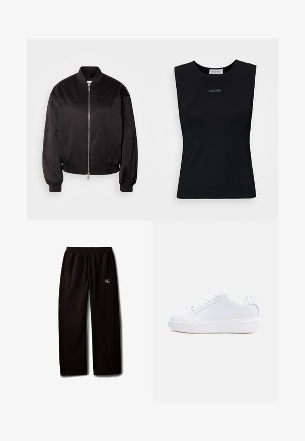 Calvin Klein Jeans Bomberjacks - black; Zwart mouwloos topje gemaakt van gladde stof. Heeft een ronde halslijn en een klein Calvin Klein-logo in het midden. Eenvoudig en aansluitend ontwerp.; Zwarte wijde broek met elastische tailleband en zijzakken, met een klein Calvin Klein logo-patch op de rechterdij.; Witte lage sneaker met vetersluiting, dikke zool en glad bovenwerk, gezien vanaf de buitenkant tegen een effen lichte achtergrond.