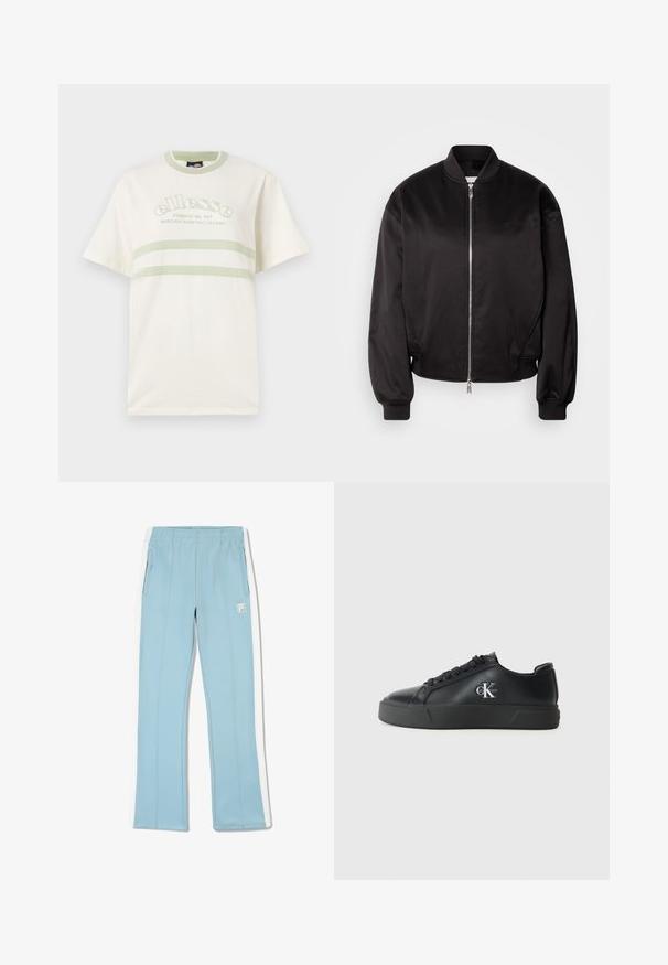 Calvin Klein Jeans Bombertakki - black; Kermanvärinen puuvillapaita, jossa on pyöreä pääntie, lyhyet hihat ja vihreät korostusraidat. Edessä brodeerattu logo.; Vaaleansiniset urheiluhousut, joissa on joustava vyötärö, valkoiset sivuhaitarit ja kaksi sivutaskua. Valmistettu sileästä, kevyestä kankaasta.; Musta nahkasneaker, jossa on litteä kumipohja, pyöreä kärki, sävyyn sopivat nauhat ja hopeinen logo ulkopuolella. Silkkinen pinta ja minimalistinen muotoilu.